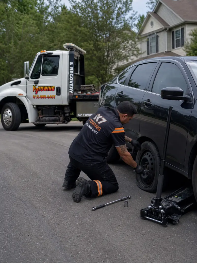 Flat tire change Nashville TN — K7 Towing tire change service Nolensville