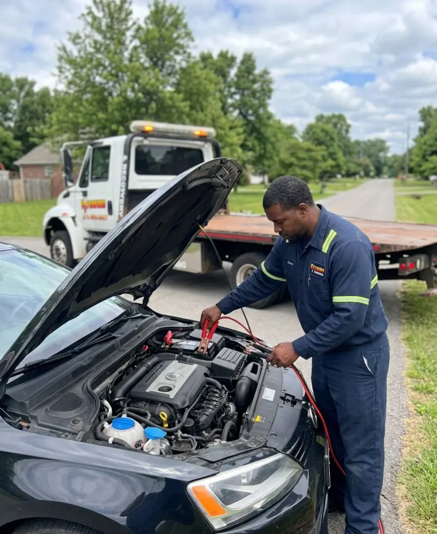 Roadside assistance Nolensville TN technician jump starting a car battery on the roadside