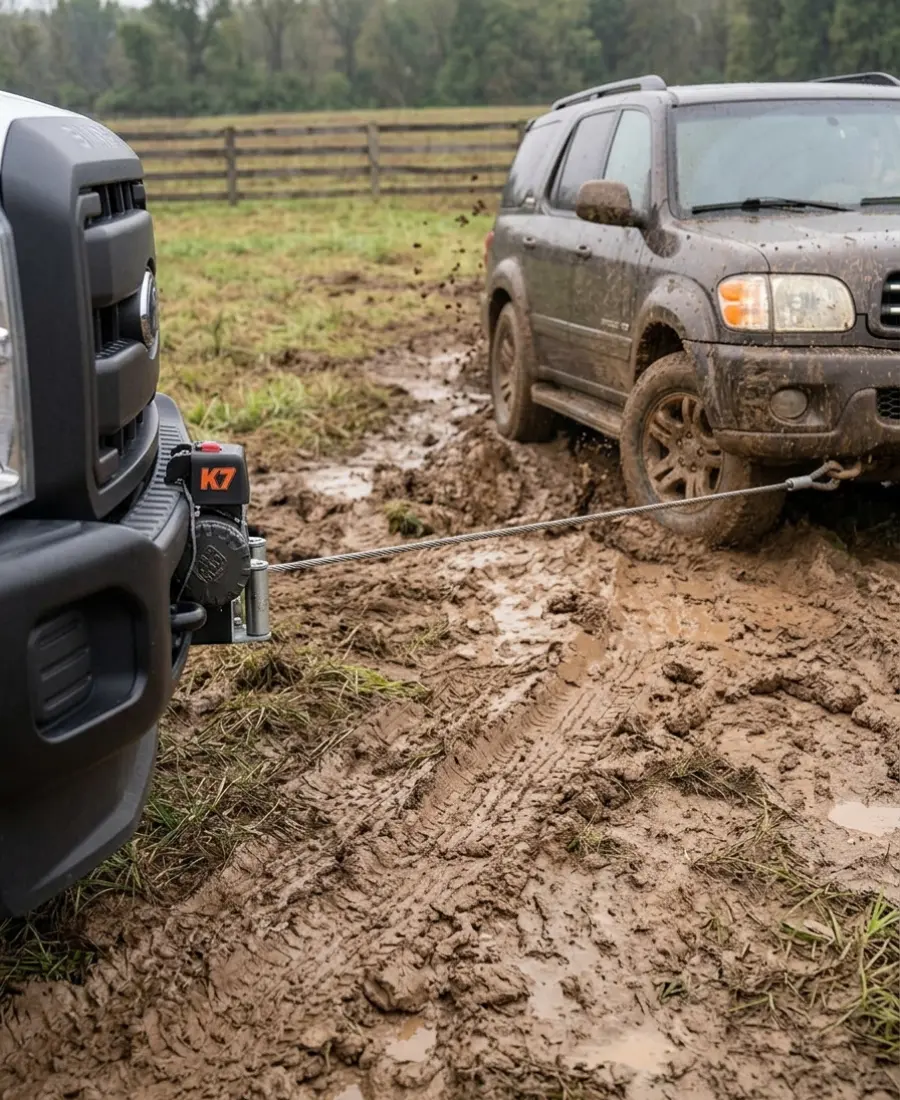 Winch out service Nolensville TN tow truck pulling a vehicle stuck in mud with a heavy duty winch cable