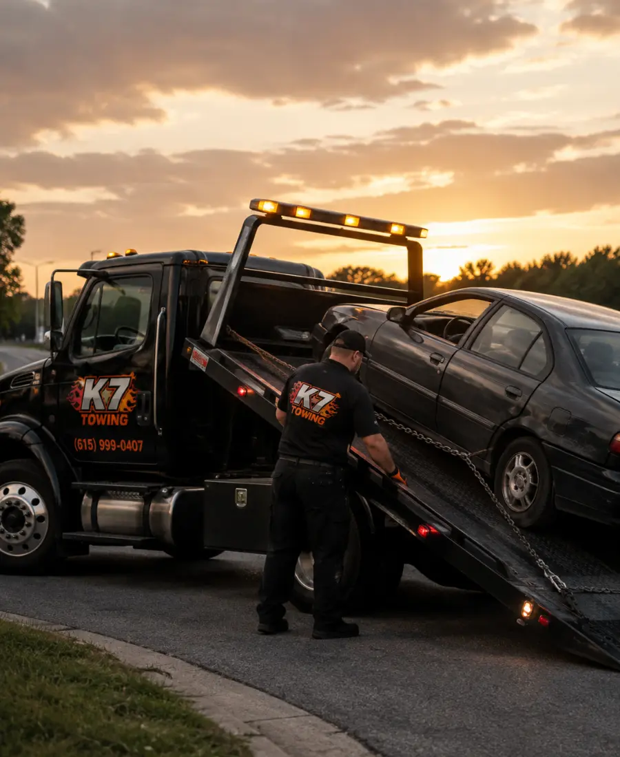 Cash for junk cars Nolensville TN flatbed tow truck loading a non-running vehicle for same-day pickup