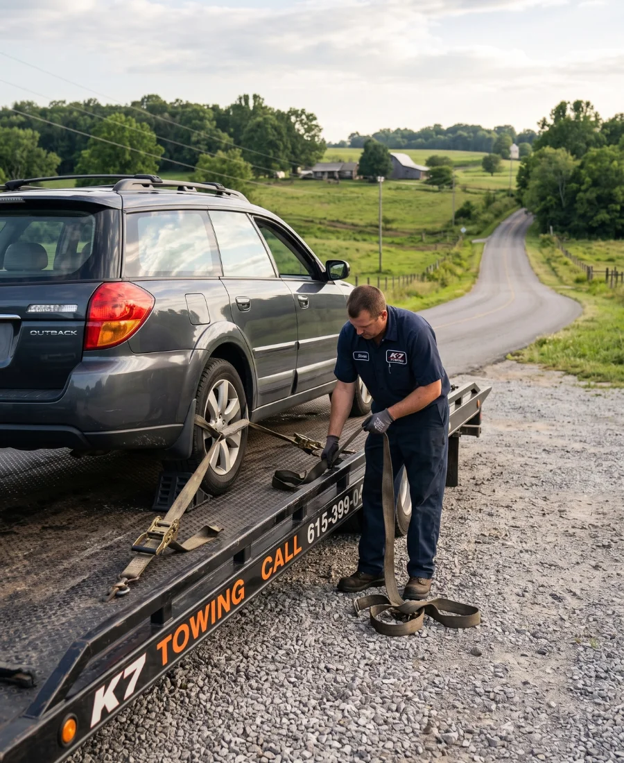 Towing service Fairview TN flatbed tow truck on Hwy 100 near Fairview