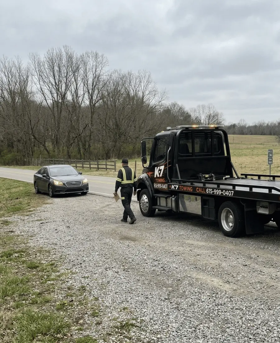 Towing service Thompson's Station TN flatbed tow truck responding to a stranded driver